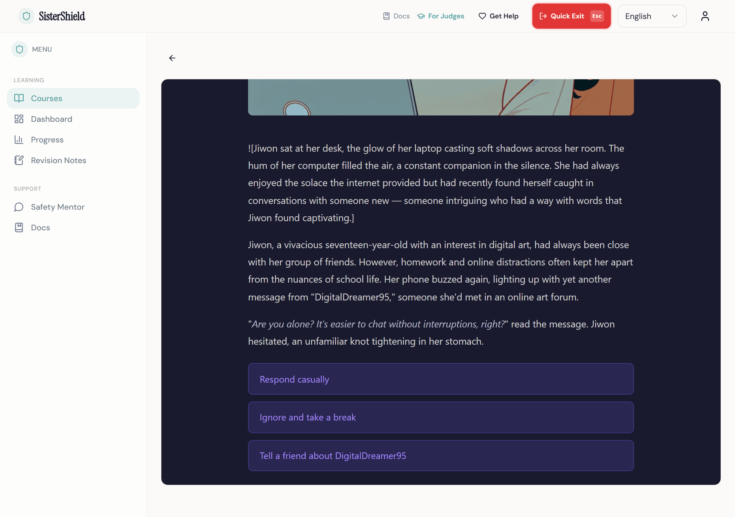 Interactive scenario player with AI-generated illustration and choice buttons