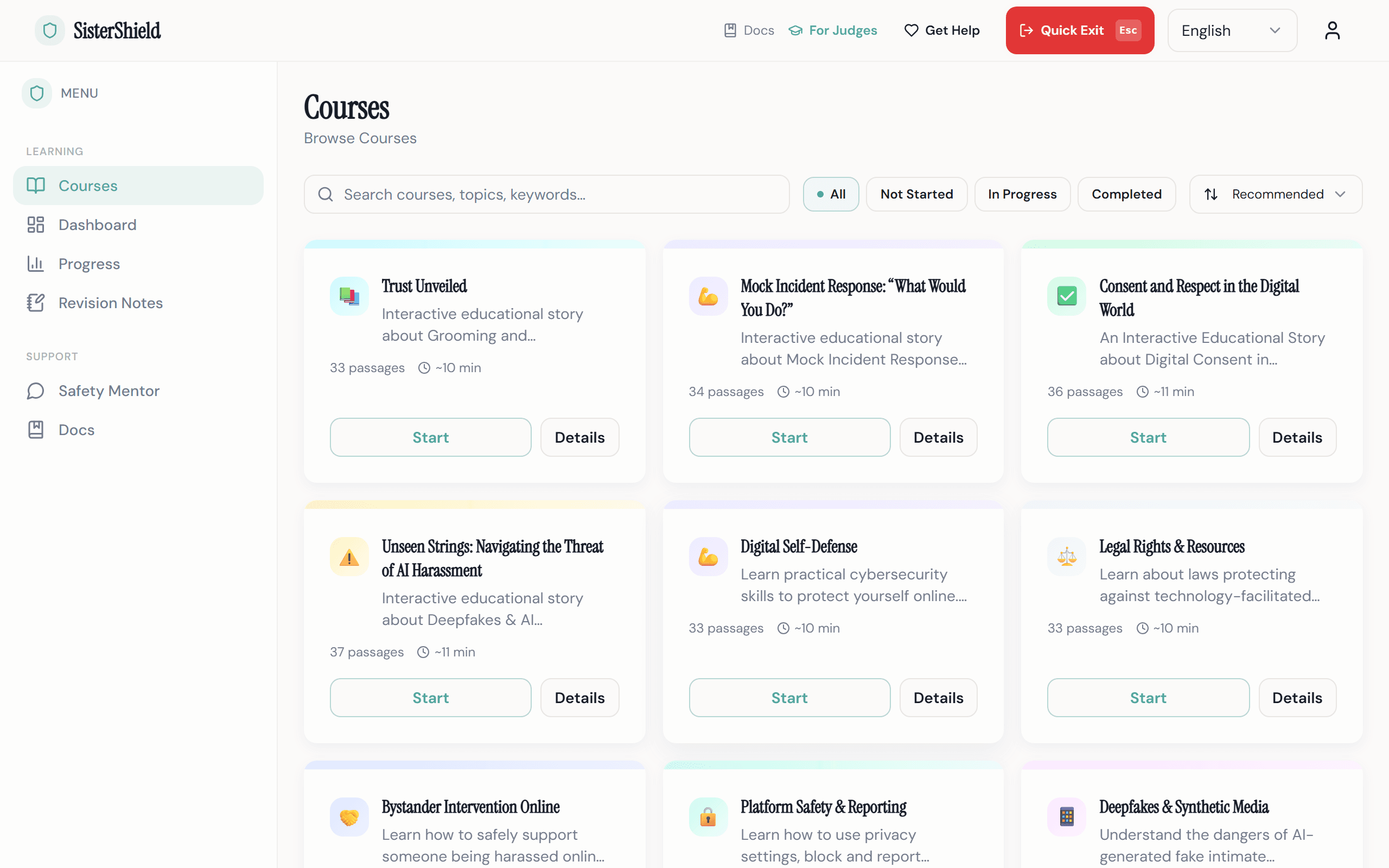SisterShield courses page showing topic-colored course cards